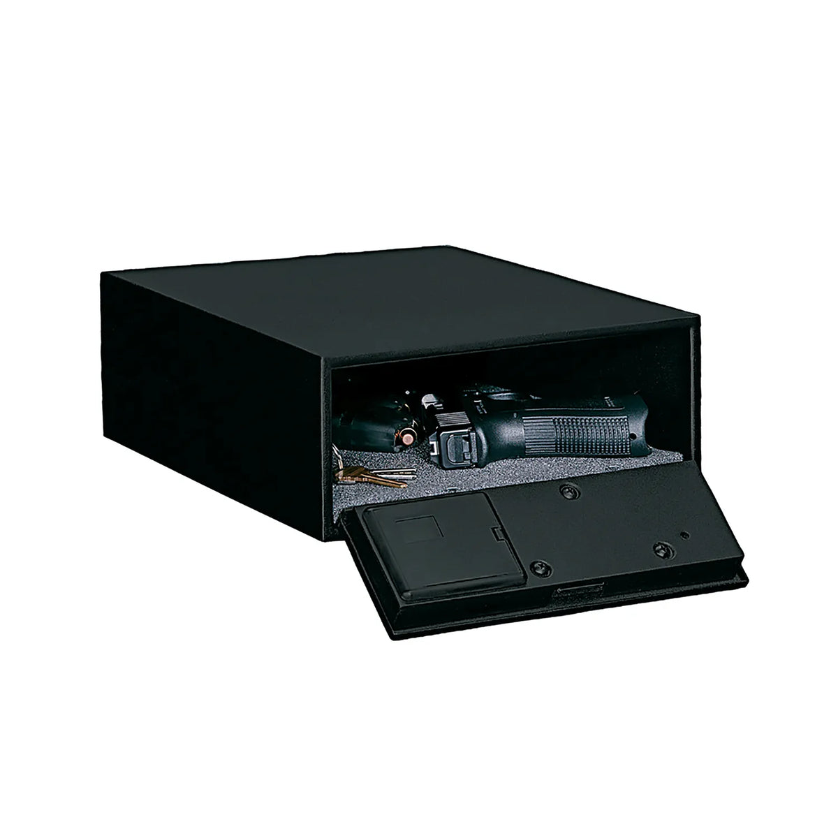 Stack on quick access low profile handgun safe with electronic lock